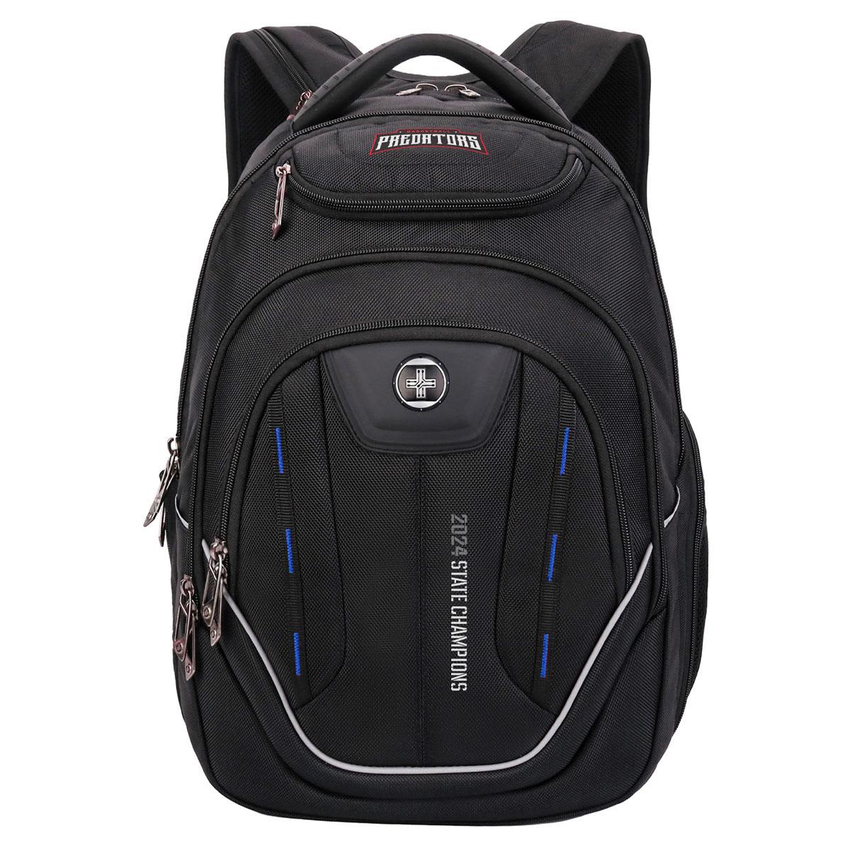 A black backpack with multiple compartments and zippers, featuring a branding logo and blue detailing.
