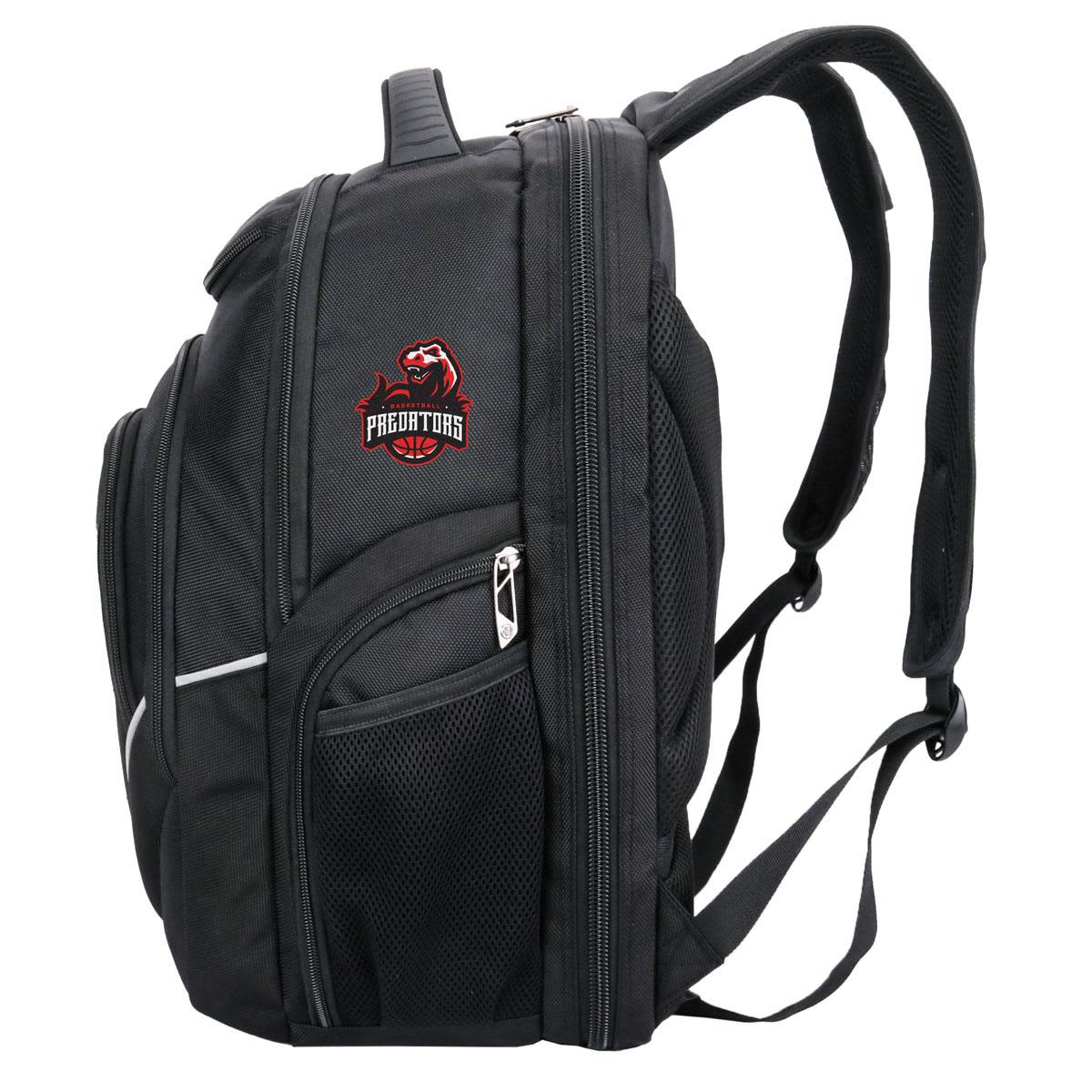 A black backpack with multiple compartments and a logo. It features padded shoulder straps for comfort.