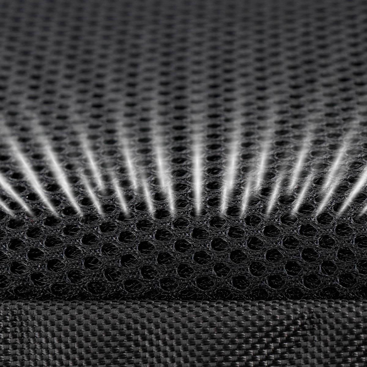 A close-up view of a textured black fabric featuring a mesh pattern, ideal for backpacks.