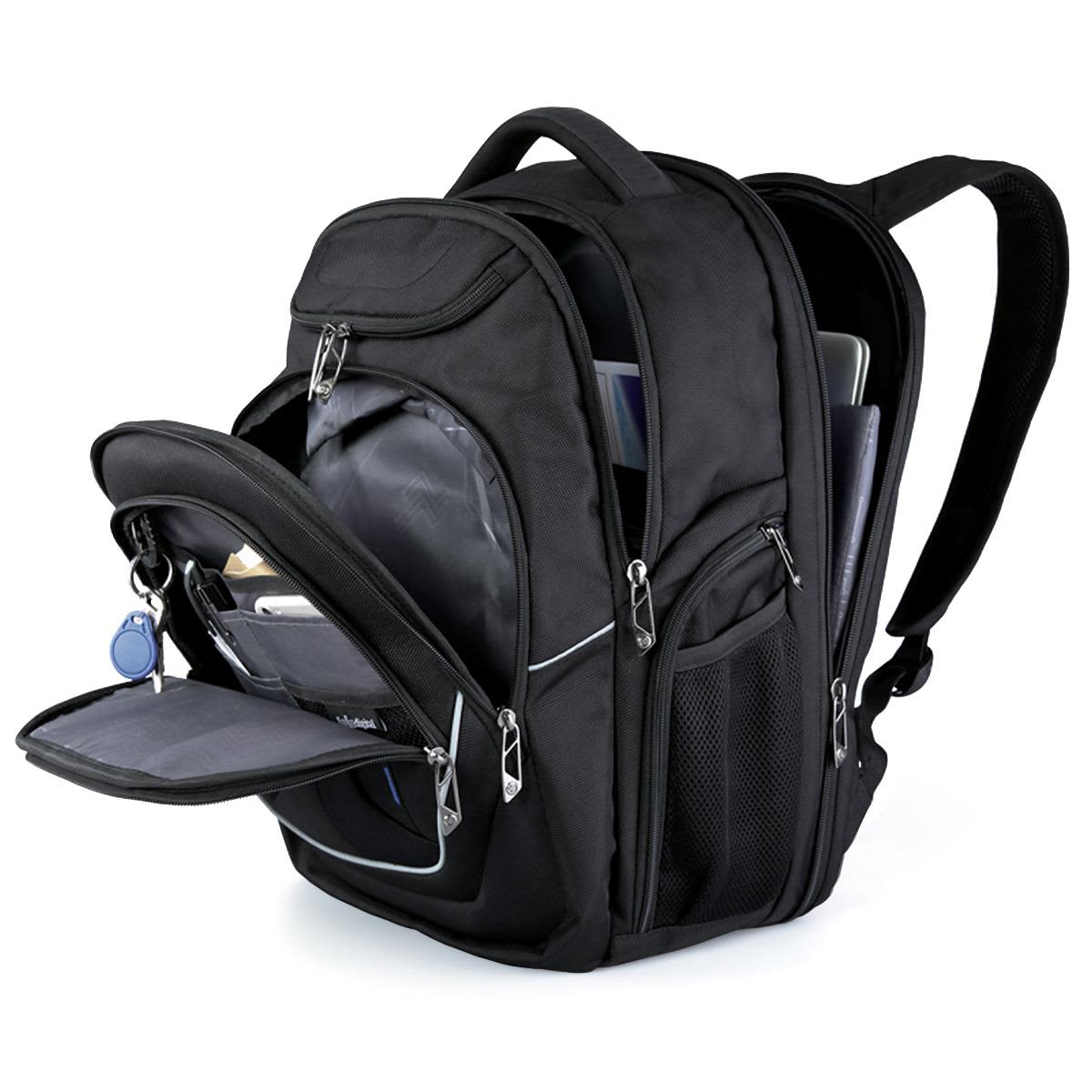 A black backpack with multiple compartments, including a padded laptop section and zippered pockets. It has a logo.