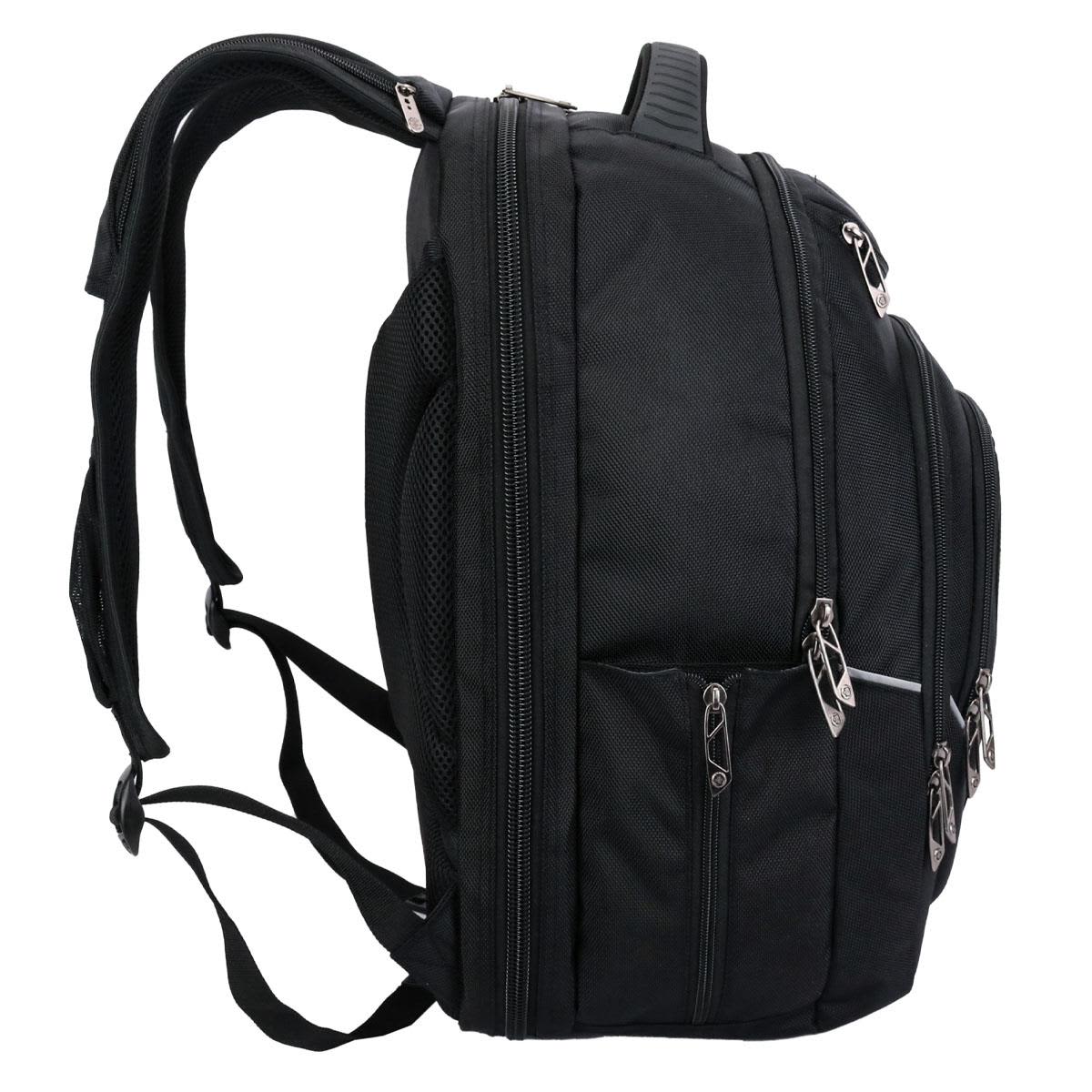 A black backpack featuring multiple zippered compartments and padded shoulder straps. It includes a logo on the front.