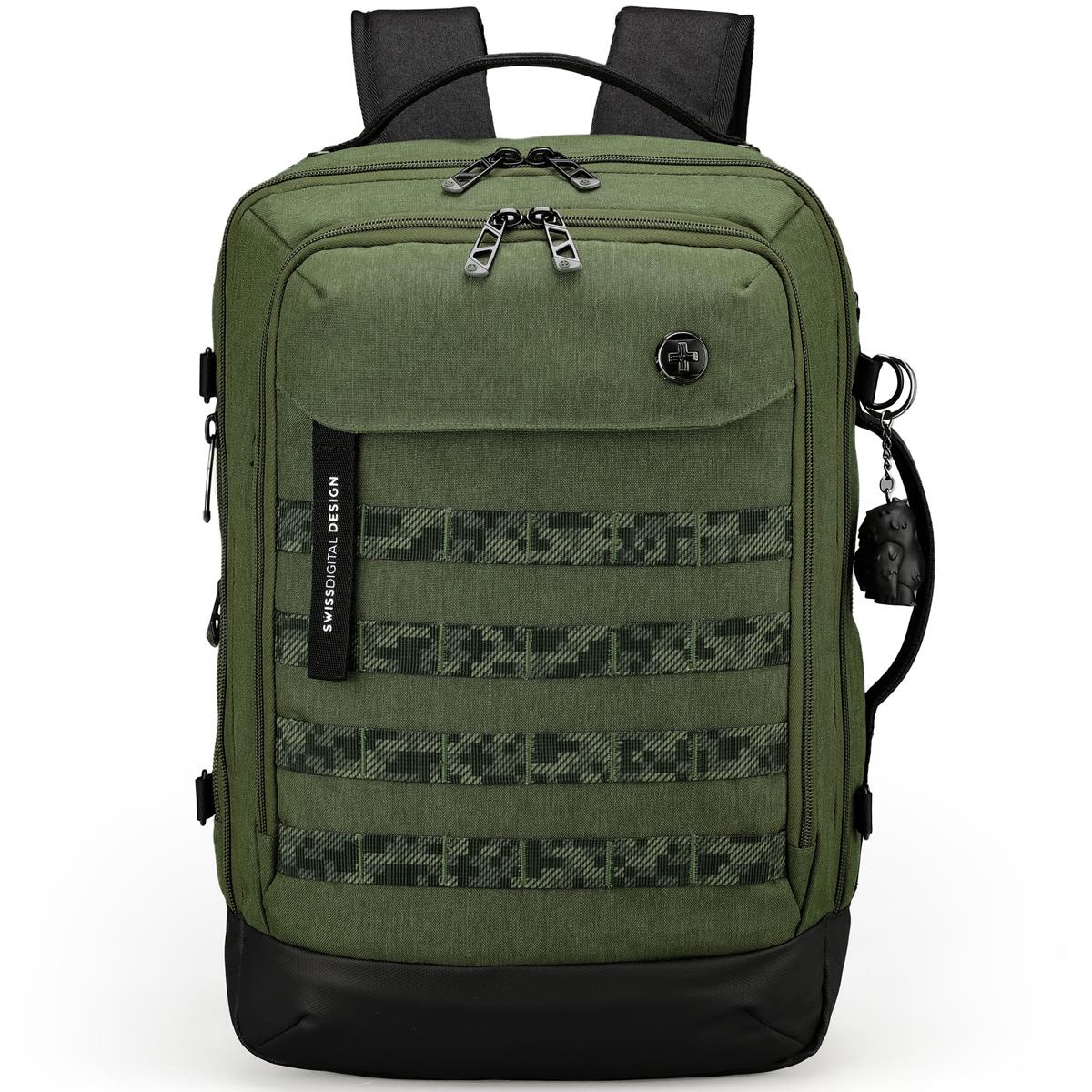 A green Swissdigital Berg L Backpack features multiple zip pockets, a textured front, and adjustable straps.