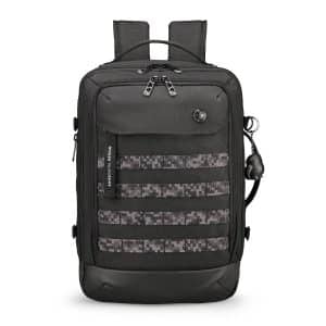 A sleek black backpack featuring multiple compartments and a textured front panel, equipped with adjustable shoulder straps.