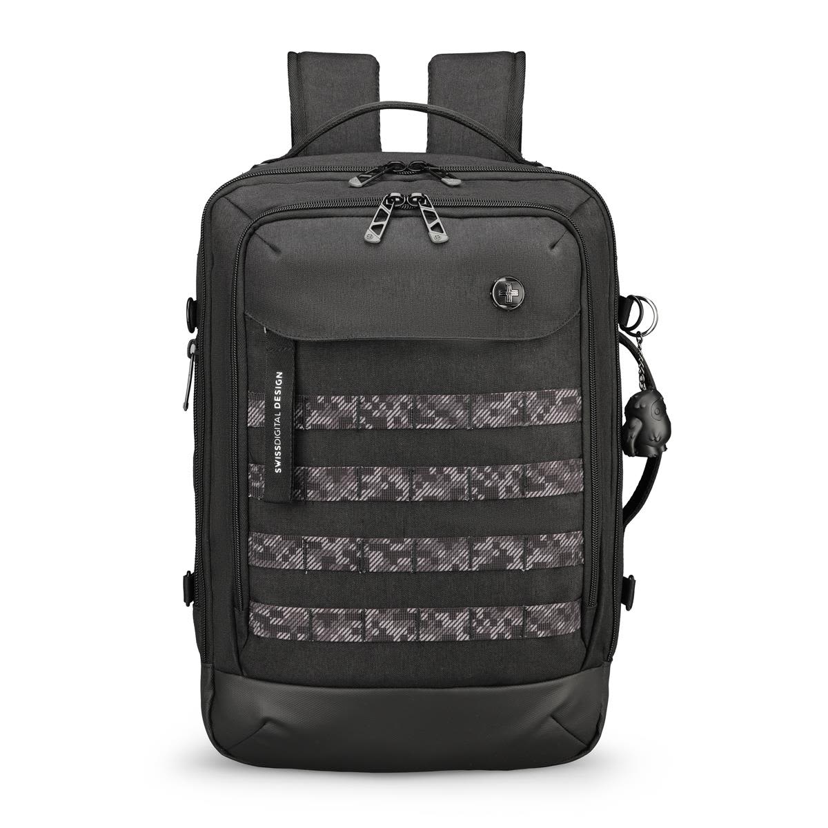 A sleek black backpack featuring multiple compartments and a textured front panel, equipped with adjustable shoulder straps.