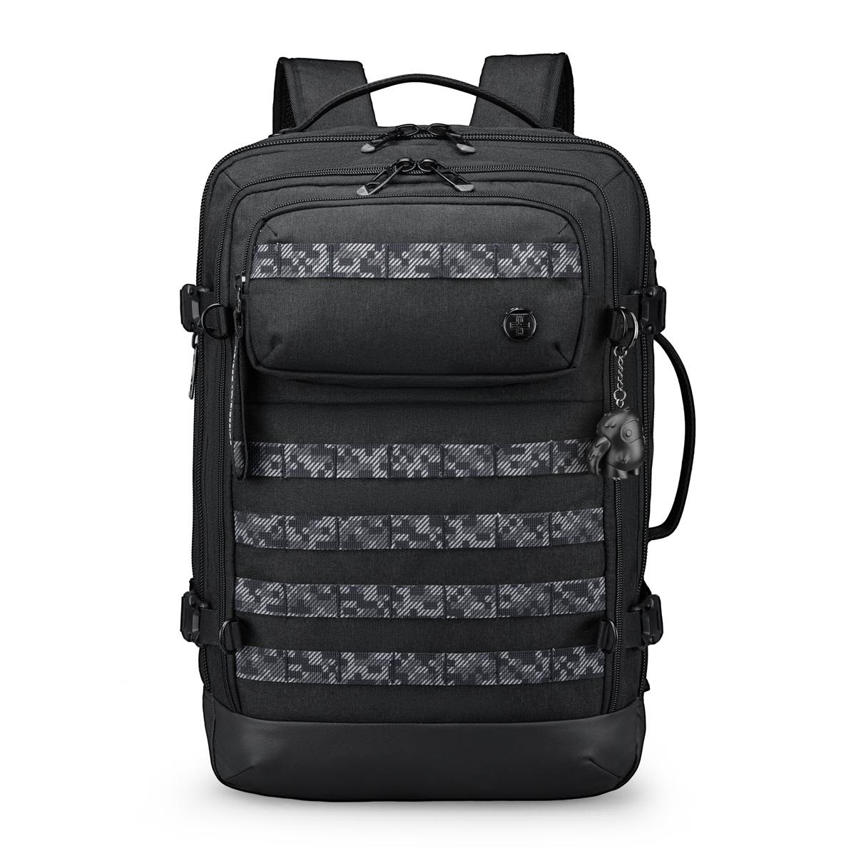 A black backpack with a patterned front panel and multiple pockets. It features adjustable straps and a logo.