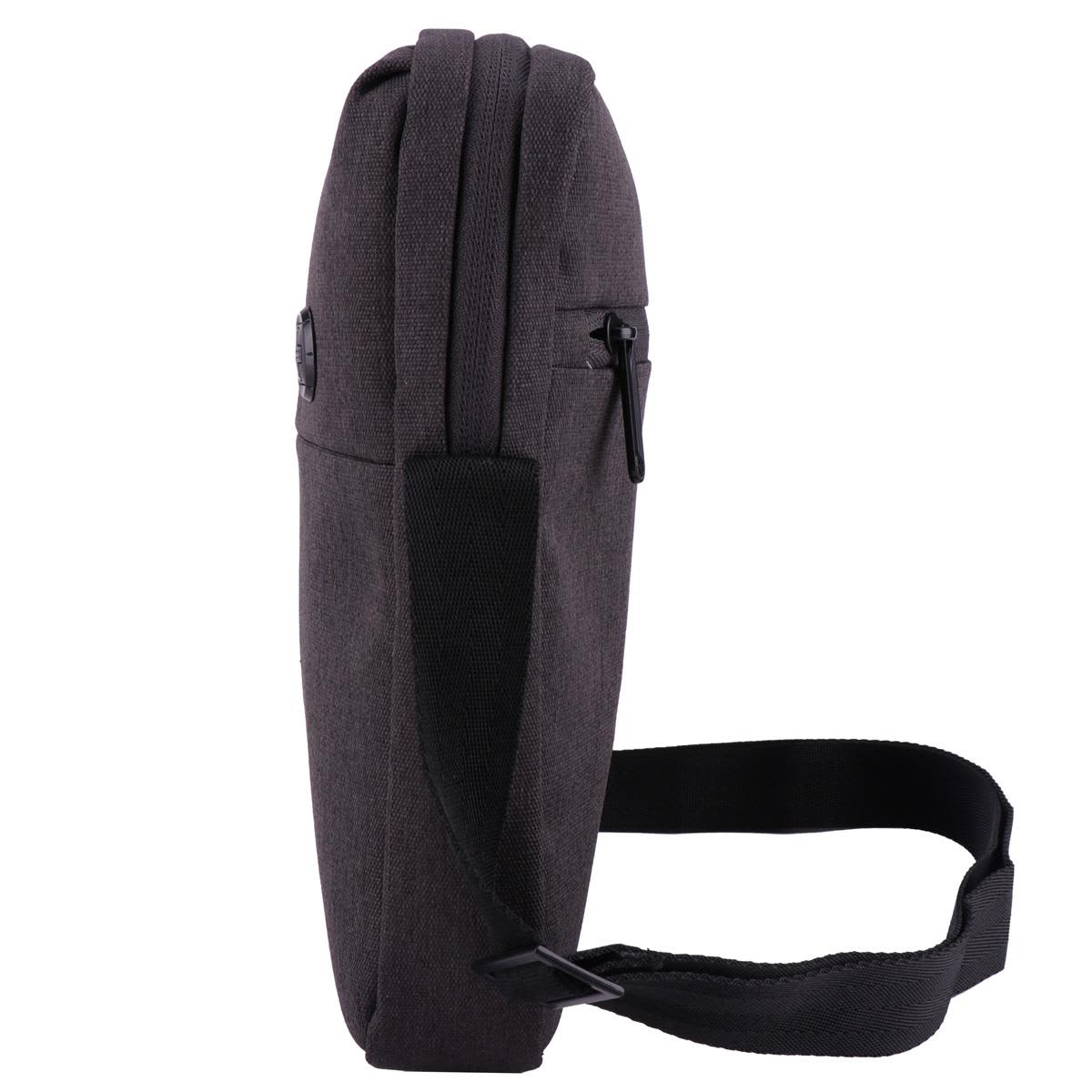 A dark grey shoulder bag with a shoulder strap and a side zipper, featuring a logo. Ideal for laptops and accessories.