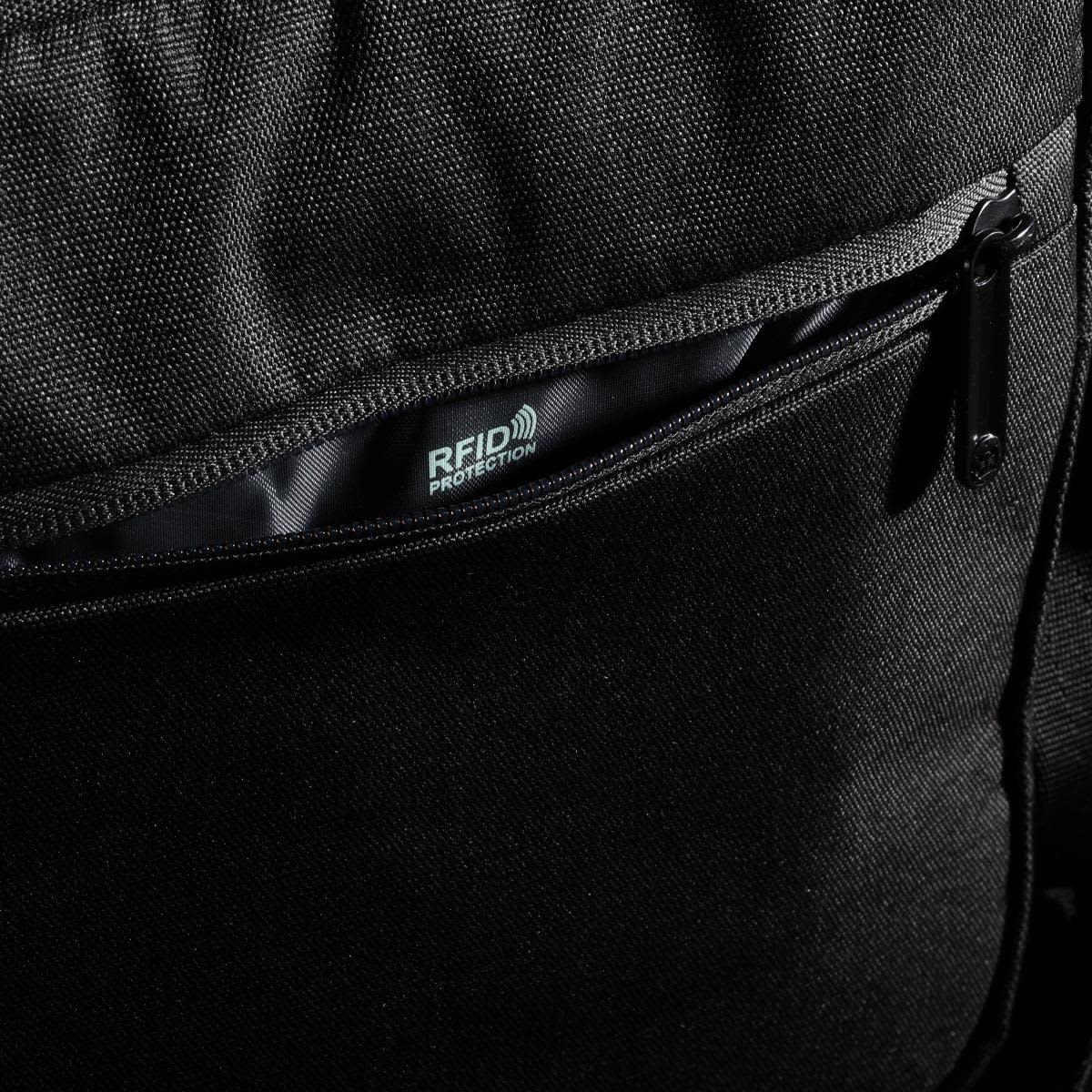 A black shoulder bag featuring an RFID protection pocket and a zip closure. The bag has a textured fabric.