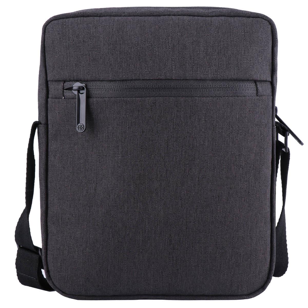 A black shoulder bag with a zippered front pocket and an adjustable strap. It has a logo on the front.