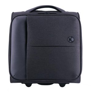 A wheeled underseat luggage in dark grey with a front pocket and a handle. Features a logo on the side.