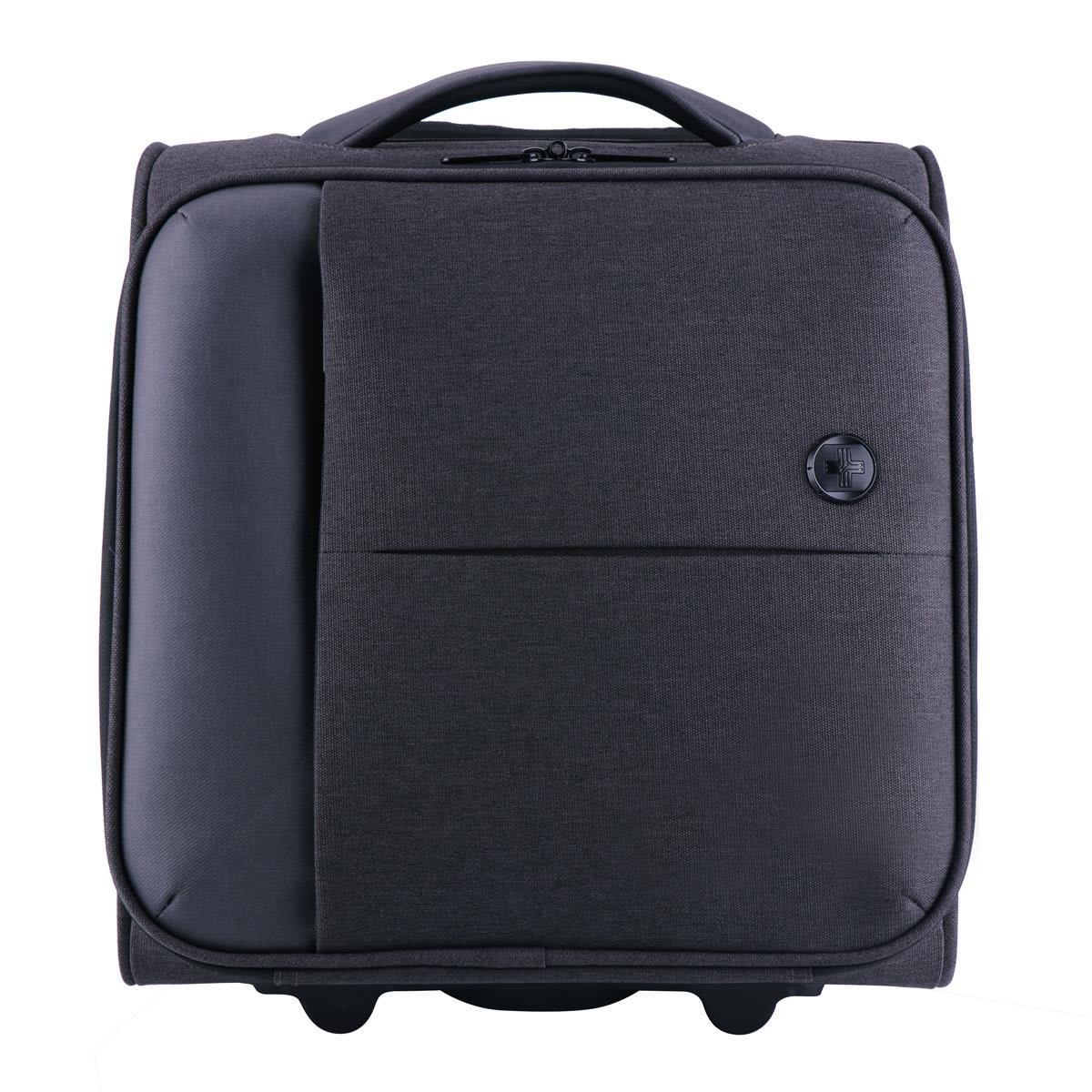 A wheeled underseat luggage in dark grey with a front pocket and a handle. Features a logo on the side.