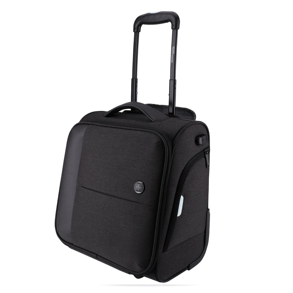 A wheeled underseat luggage bag in black with a telescopic handle and a logo. Features a zippered compartment.
