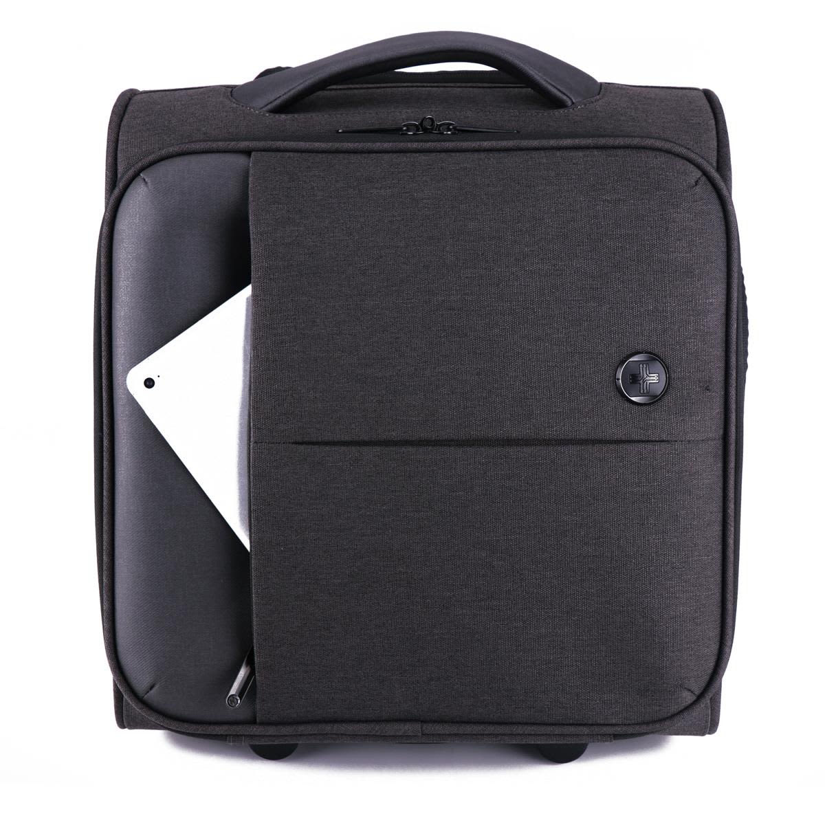 A dark grey wheeled bag with a front pocket, featuring a rounded handle and a logo.
