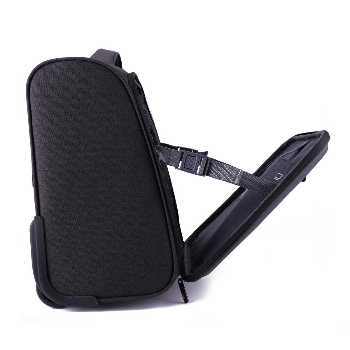 A wheeled underseat luggage bag in black, featuring a side view with an open compartment and adjustable strap.