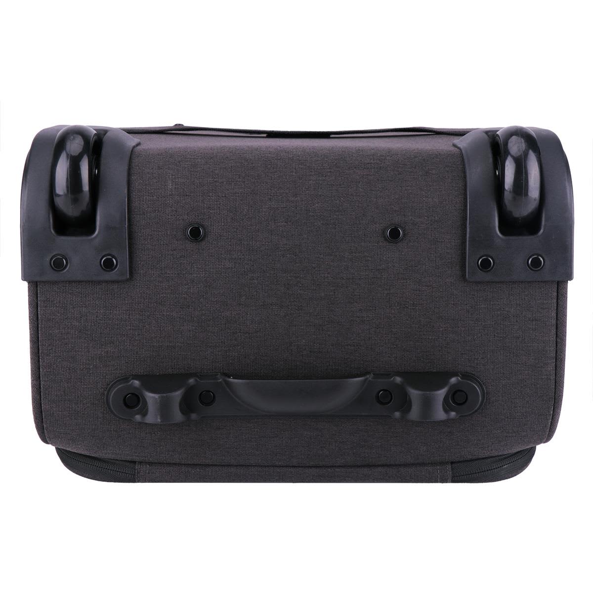 A wheeled underseat luggage in dark grey fabric with black accents and sturdy wheels.