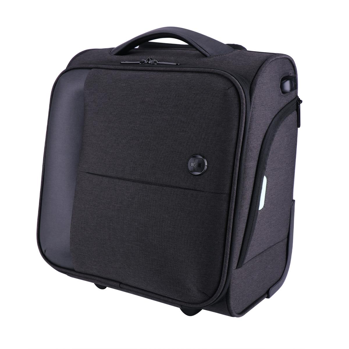 A wheeled underseat luggage in dark grey fabric with a handle and wheels, featuring a branded logo.