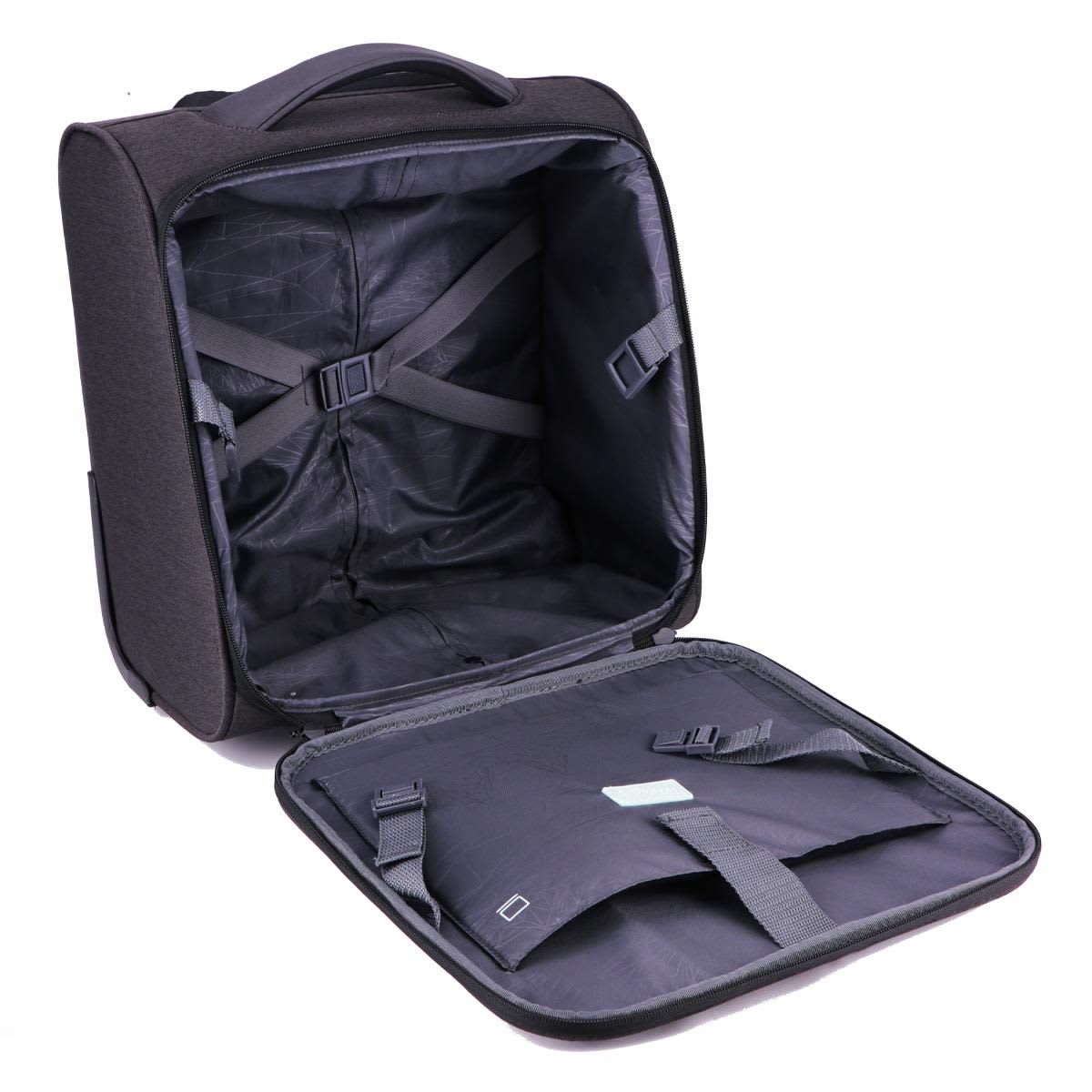 An underseat luggage bag in black, featuring a spacious open interior with straps and pockets for organisation.