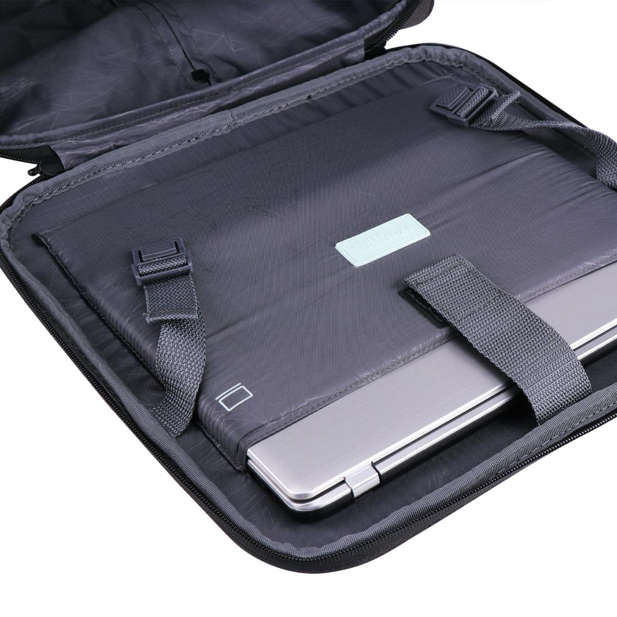 A sleek black wheeled bag with a padded compartment and adjustable straps for securing a laptop inside.