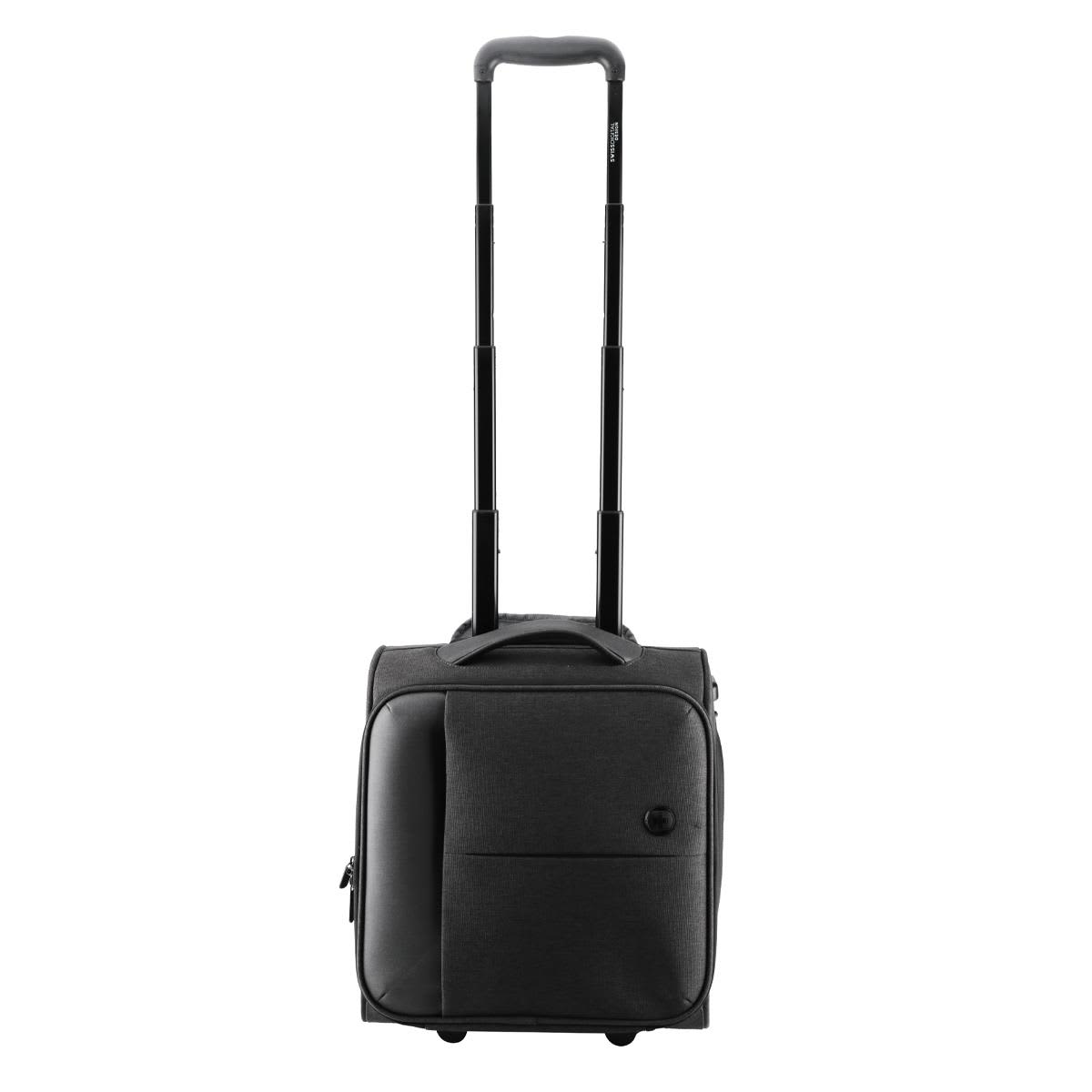 A wheeled underseat luggage in black with a retractable handle and front pocket, featuring branding on the side.