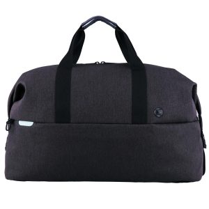 A dark grey duffle bag with dual black handles and a logo on the front.