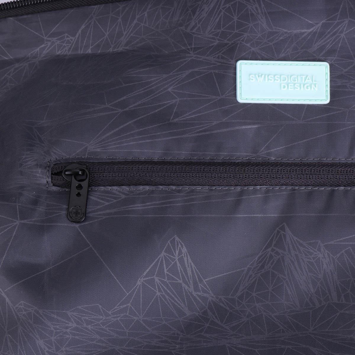 A black duffle bag with a geometric pattern and a logo, featuring a zippered pocket.