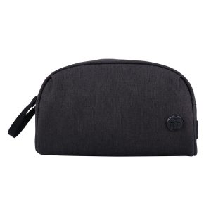A black Swissdigital Arosa wash bag with a zip closure and a small logo patch on the front.