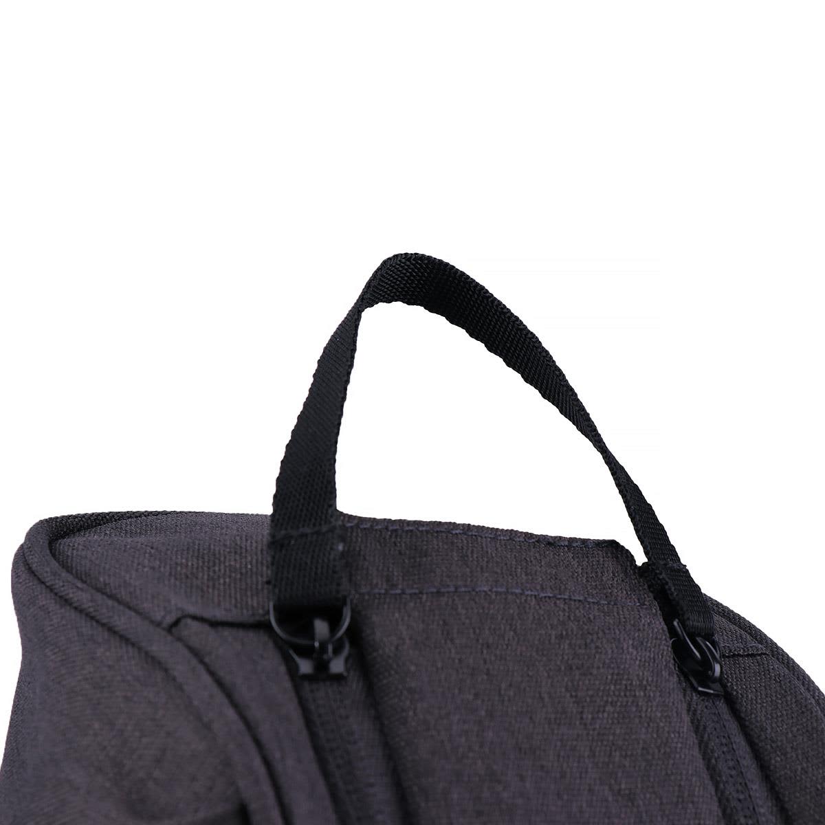 A grey toiletry bag with a black handle, featuring a zipped opening and a logo.