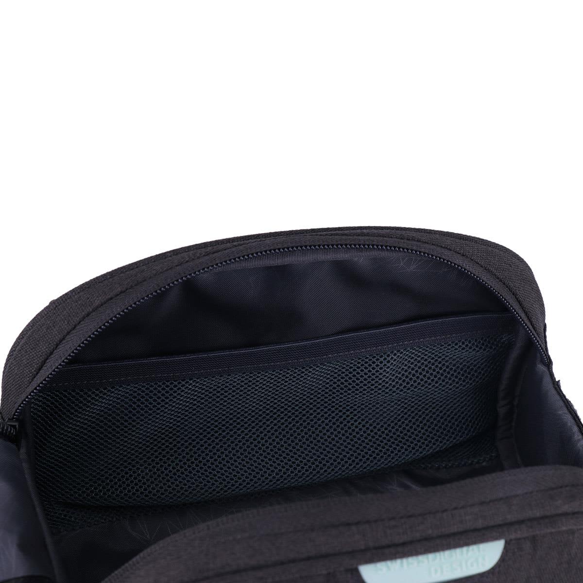 A black toiletry bag with a zippered opening, featuring a mesh pocket inside for organisation.