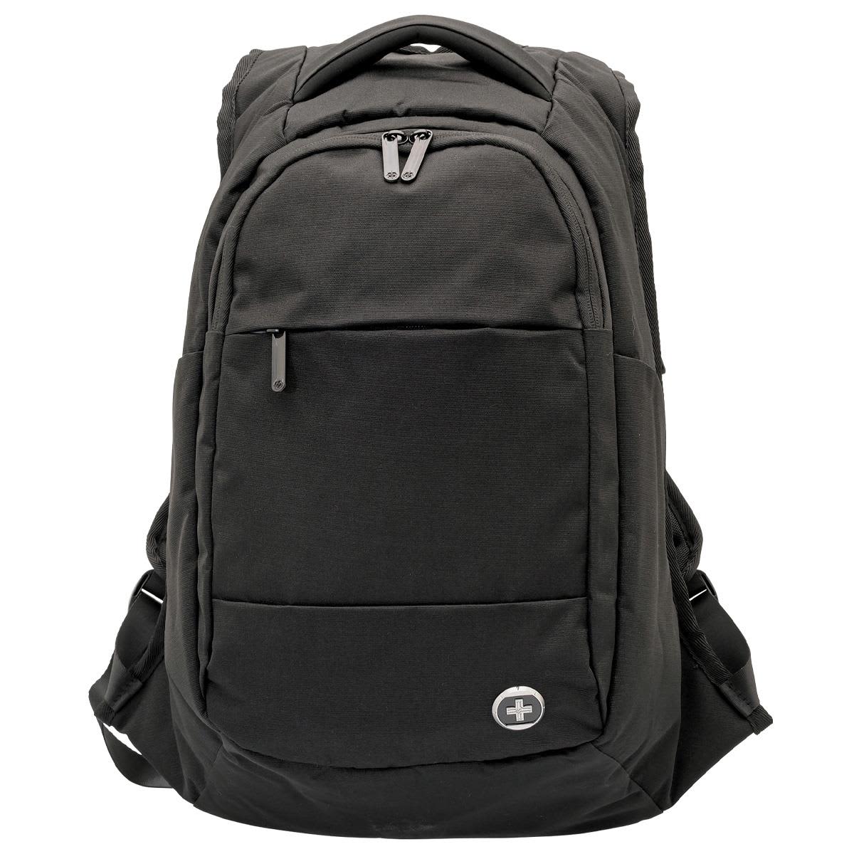 A black backpack with multiple compartments, zippers, and a logo on the front. Features adjustable straps.