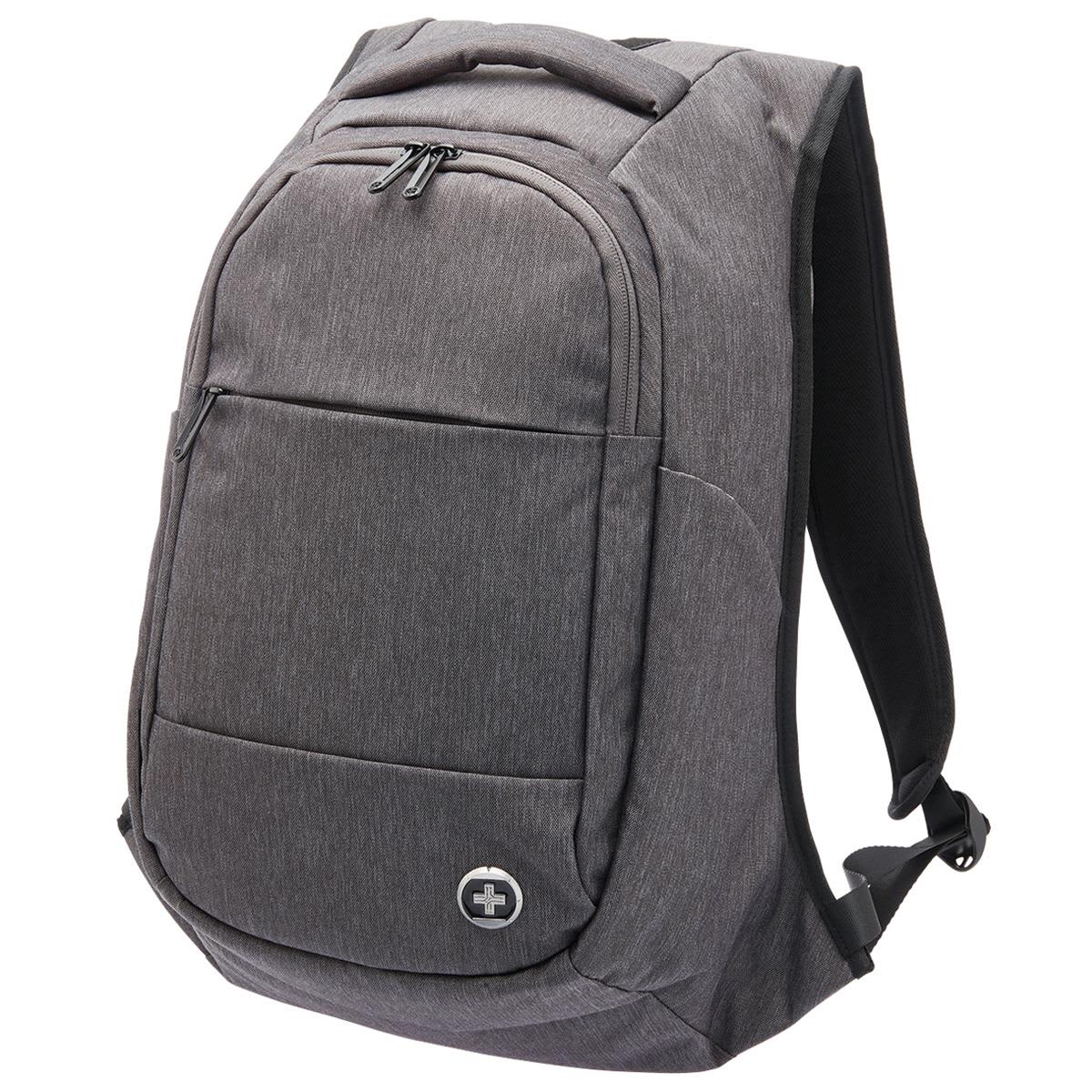 A grey anti-theft backpack featuring multiple compartments and a logo on the front.