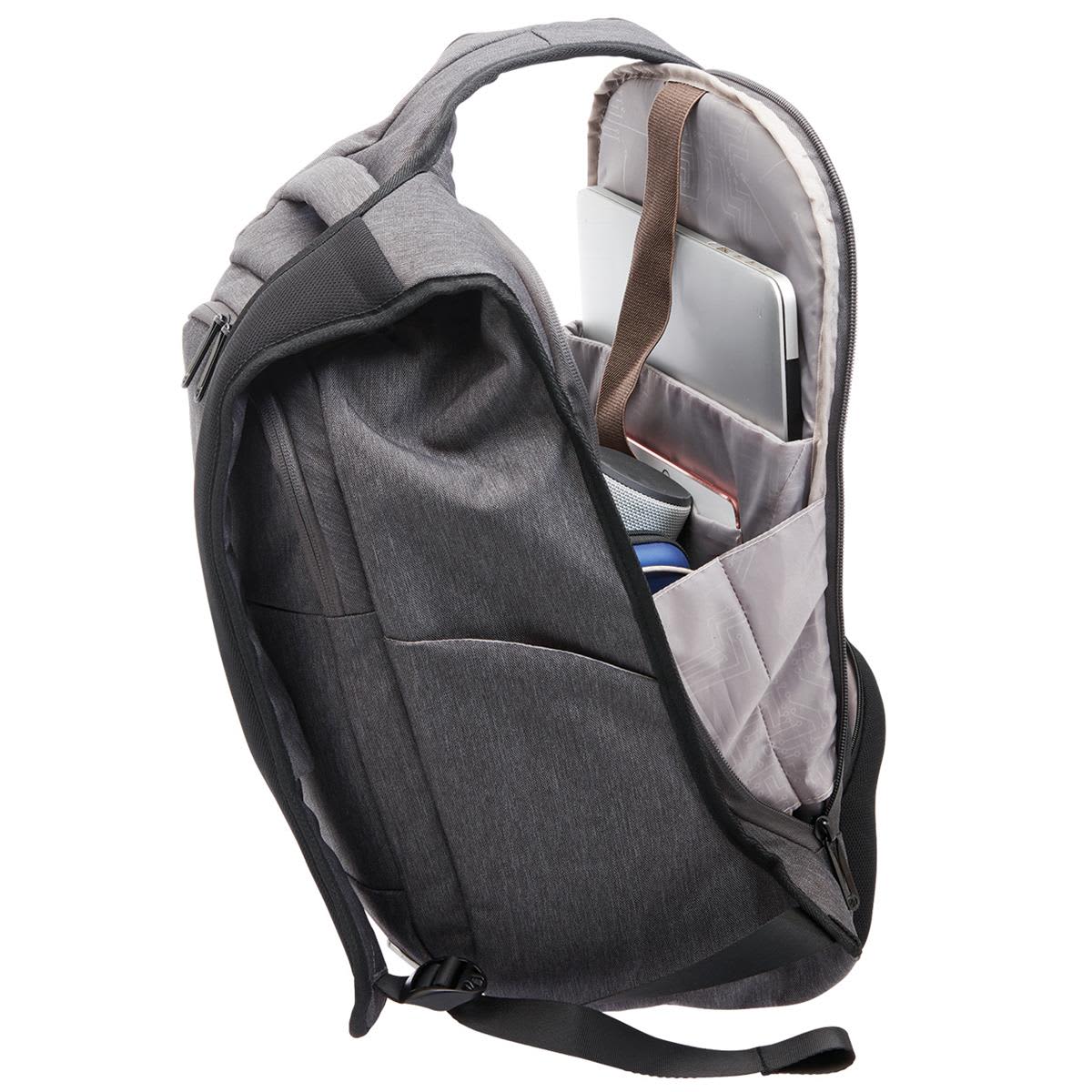 A grey anti-theft backpack with compartments for a laptop, drink bottle, and other items. It has a sleek, modern design.