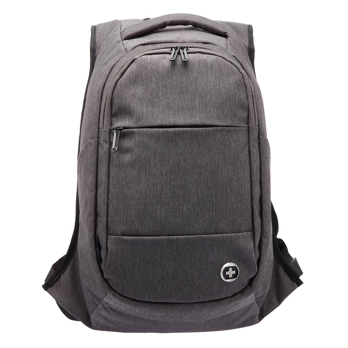A grey anti-theft backpack featuring multiple zippered compartments and a logo on the front.
