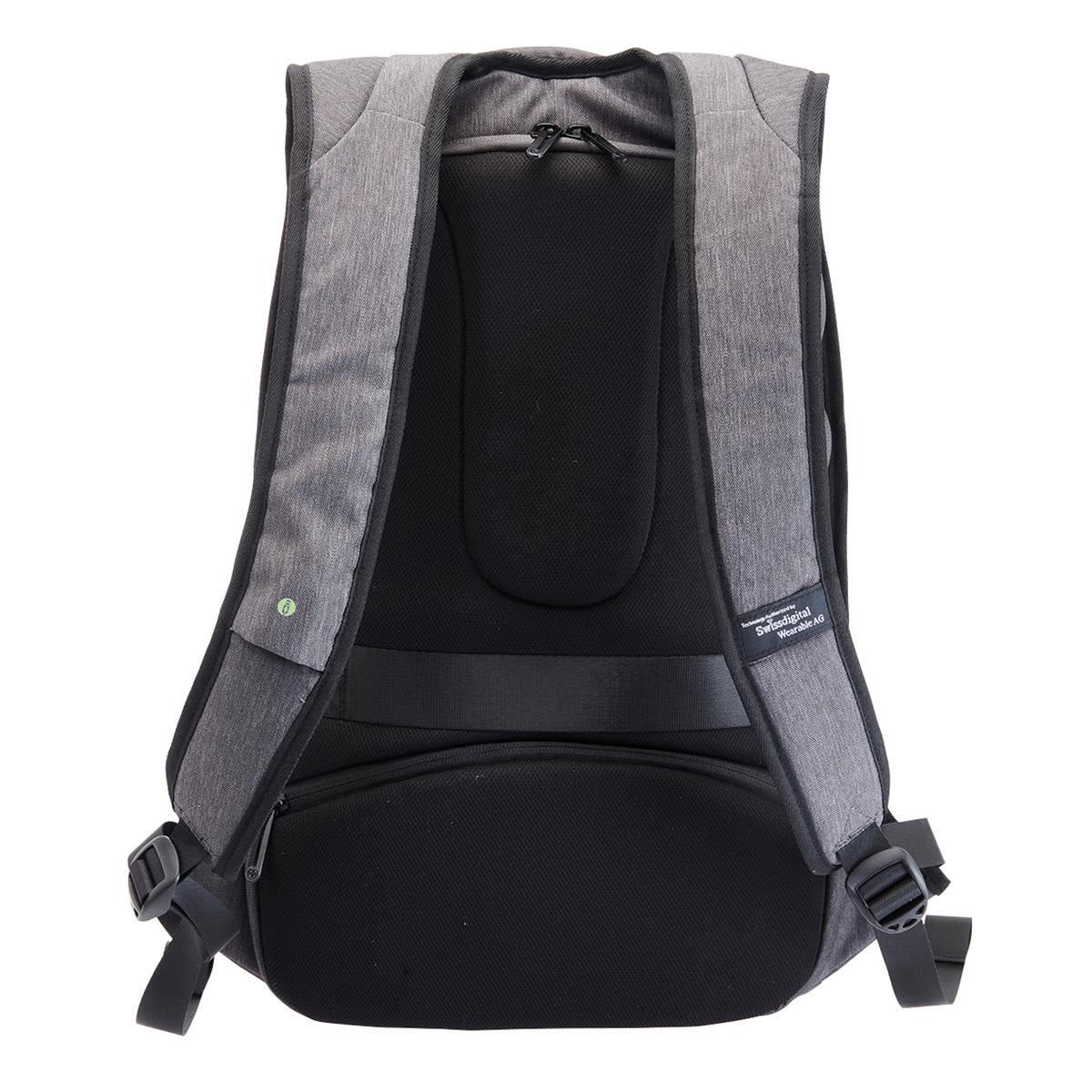 A grey anti-theft backpack with padded straps and a sleek design. It features a logo on the front.