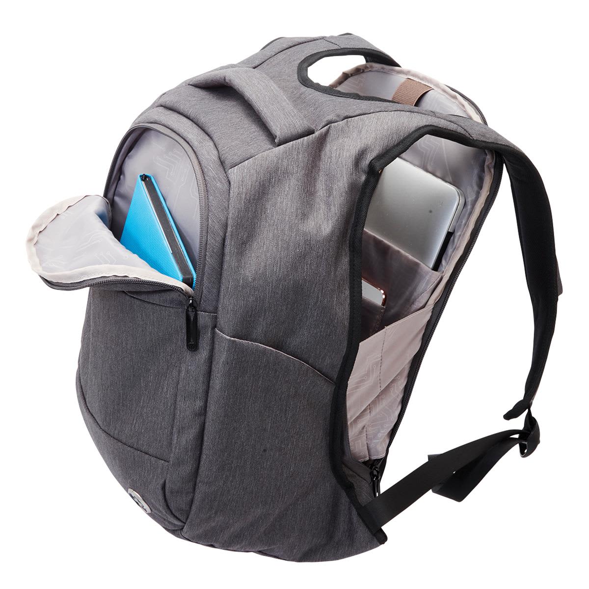 A grey anti-theft backpack with multiple compartments, featuring a laptop sleeve and a carry handle.