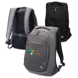 A collection of three Swissdigital Bolt anti-theft backpacks in grey and black, featuring a logo on one.