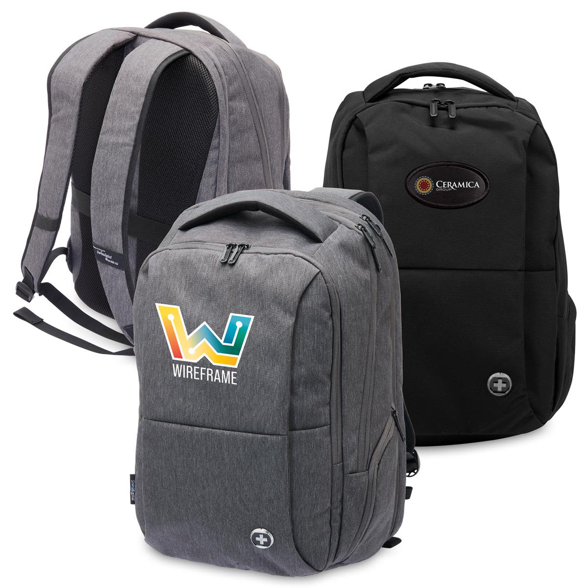 Three backpacks in various styles: one grey with a colourful logo, a plain black, and another grey with a logo.