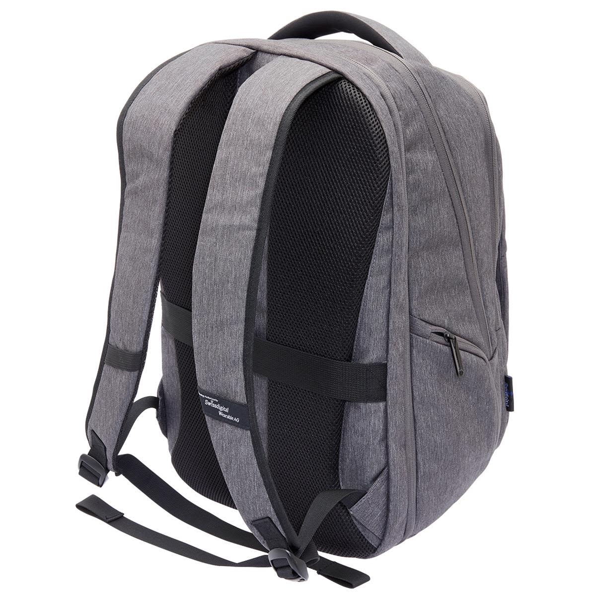 A grey backpack with padded straps and mesh panels, featuring a zippered side pocket and a logo.