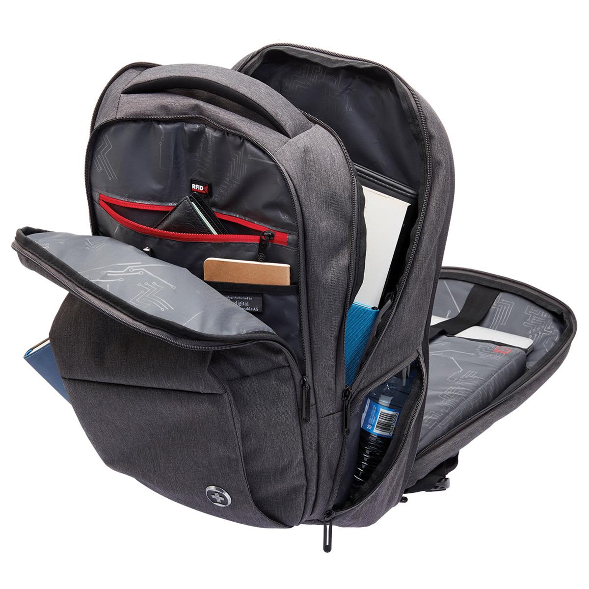 A grey backpack with multiple compartments, including sections for a laptop, notebooks, and a drink bottle.
