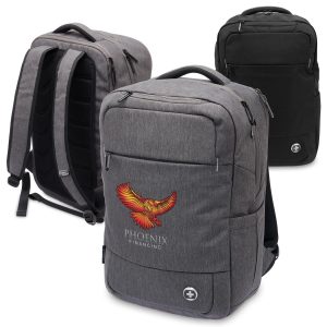 A grey Swissdigital Calibre backpack with zippers, padded straps, and a logo, featuring a design with an eagle.