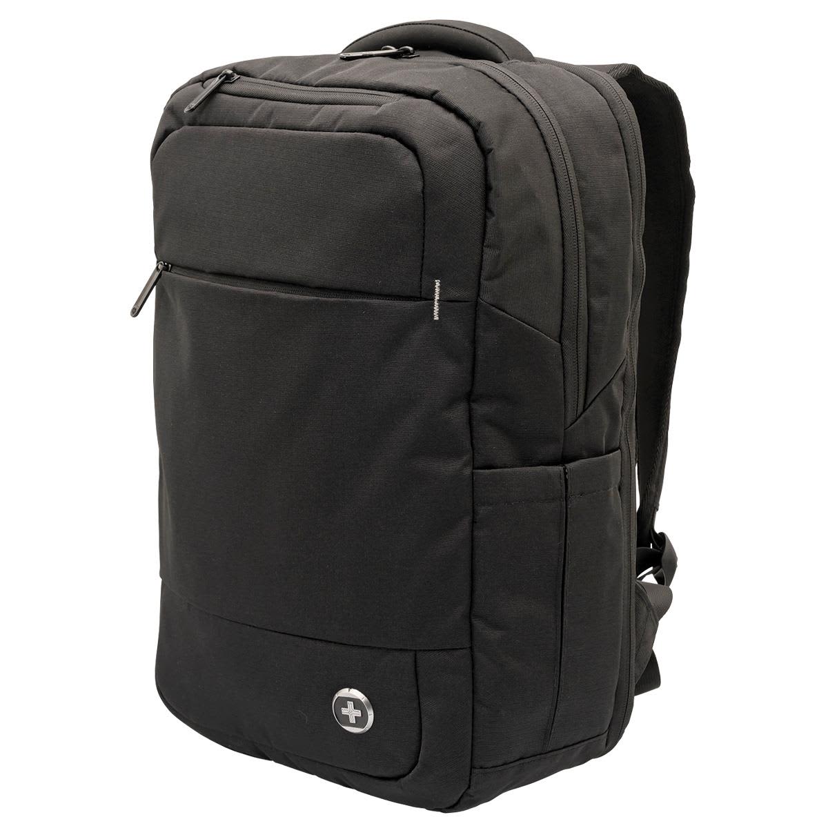 A black laptop backpack with a front pocket and side compartments, featuring a logo on the front.