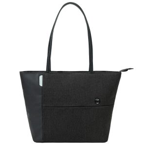A tote bag in dark grey with a sleek design, featuring a pocket and a logo. The bag has two long handles.