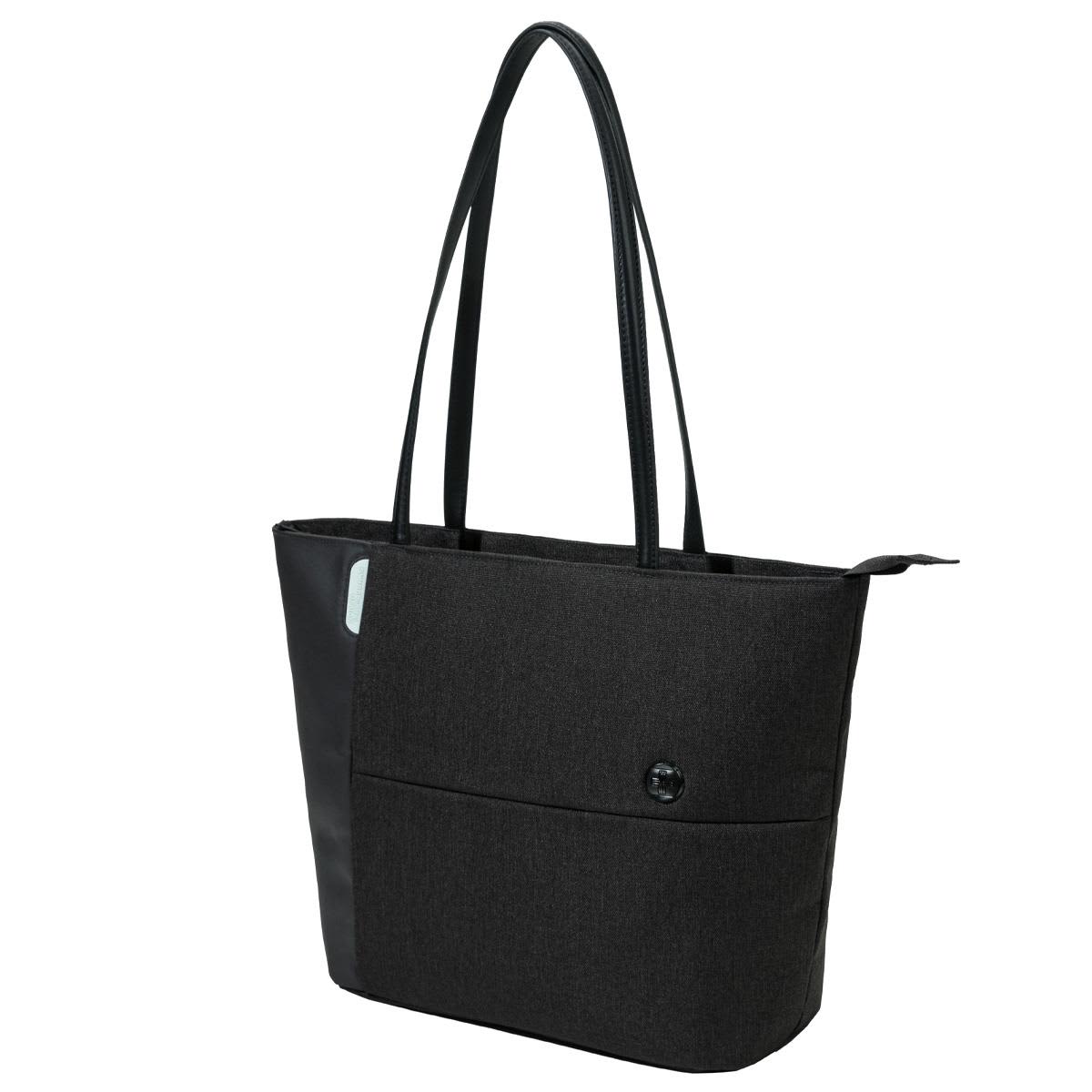 A black tote bag with a sleek design, featuring a logo and comfortable shoulder straps.