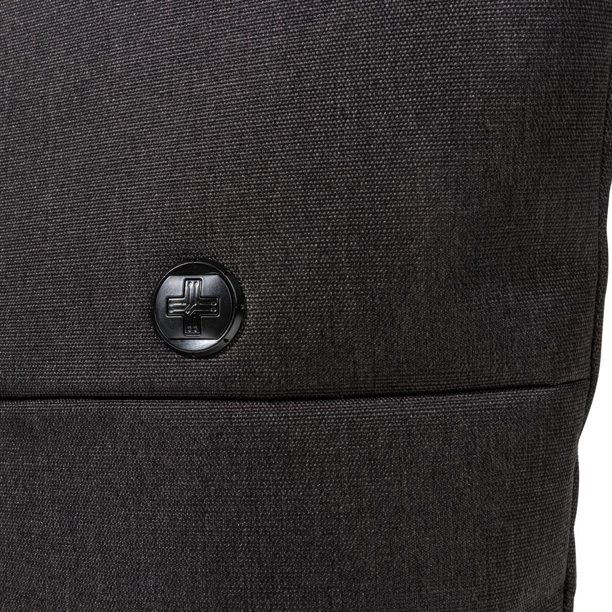 A close-up of a dark grey tote bag featuring a branded logo on the front.