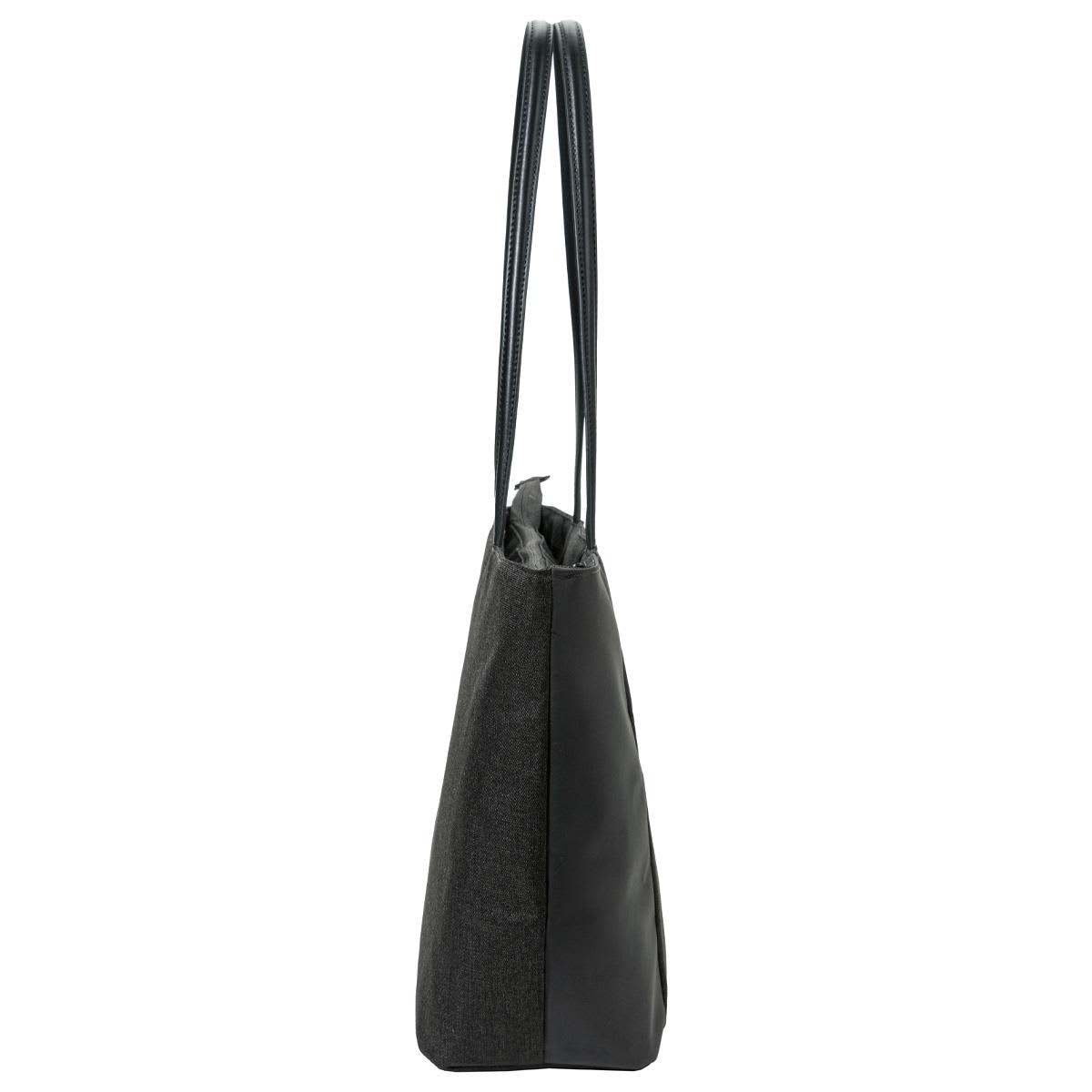 A sleek black tote bag with long handles, featuring a modern design and a subtle logo.