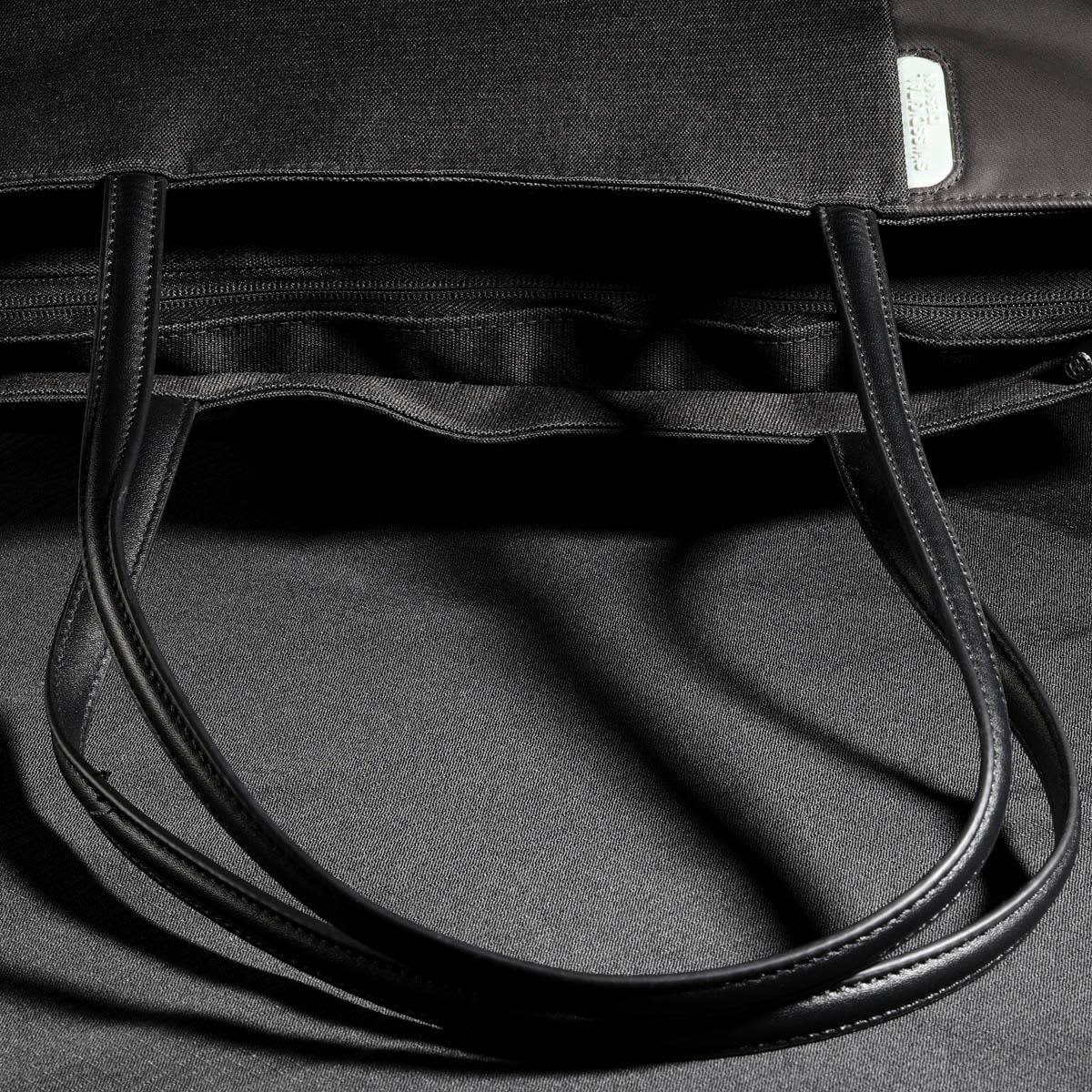 A black tote bag with long handles, featuring a zippered opening and an interior lining.