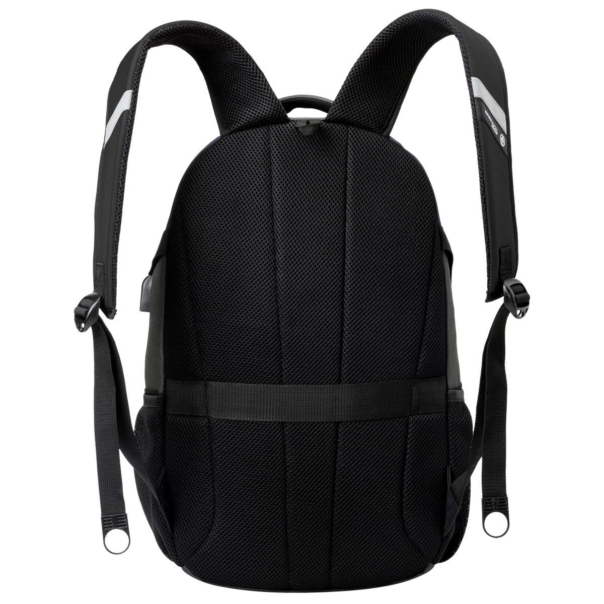 A black backpack with padded shoulder straps and textured fabric, featuring a logo.