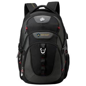 A black backpack with red accents, featuring multiple compartments and a logo on the front.