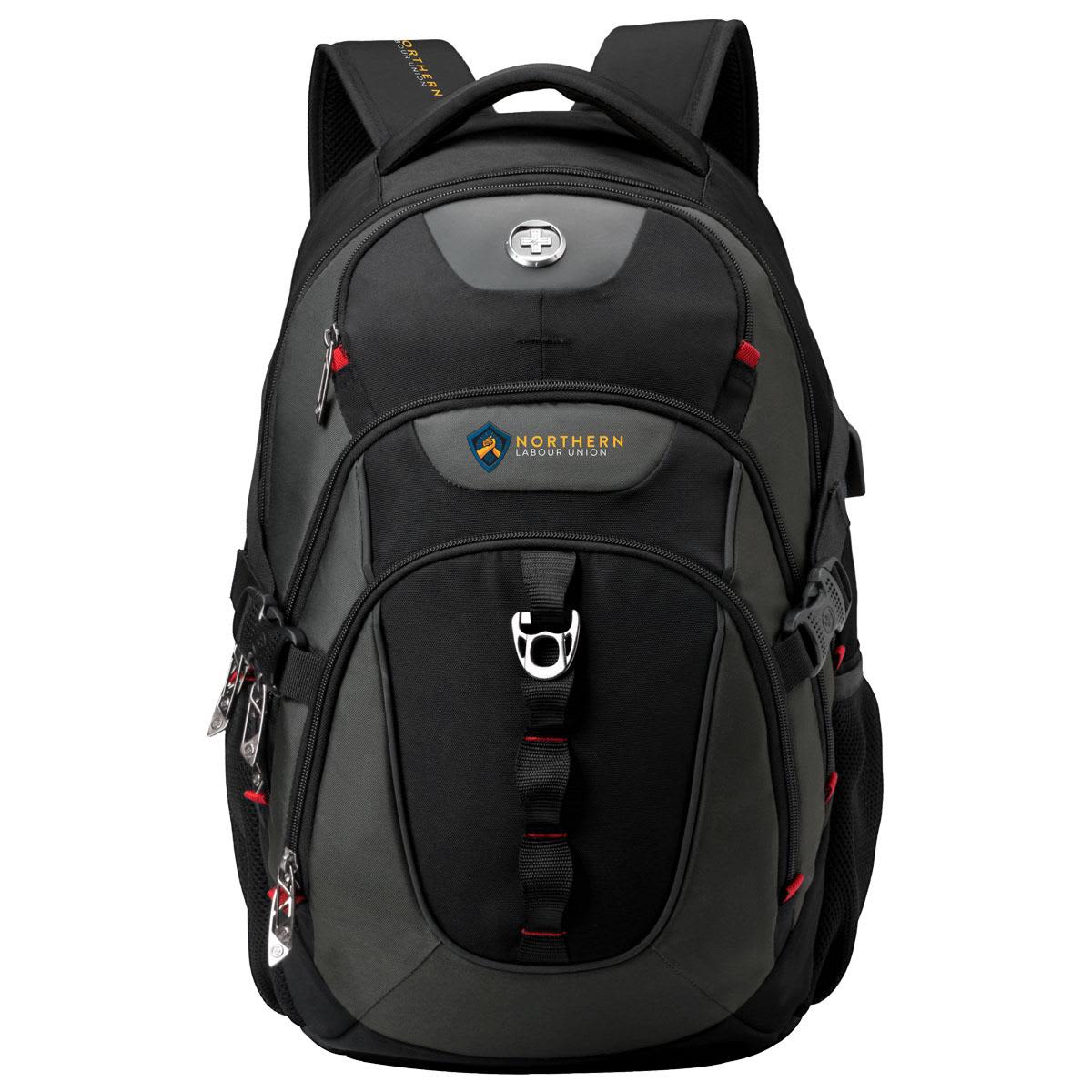 A black backpack with red accents, featuring multiple compartments and a logo on the front.