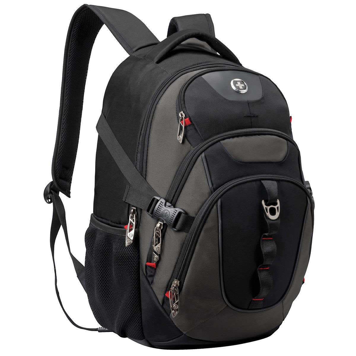 A black Swissdigital Vector Backpack featuring multiple compartments and a logo, designed for carrying laptops.