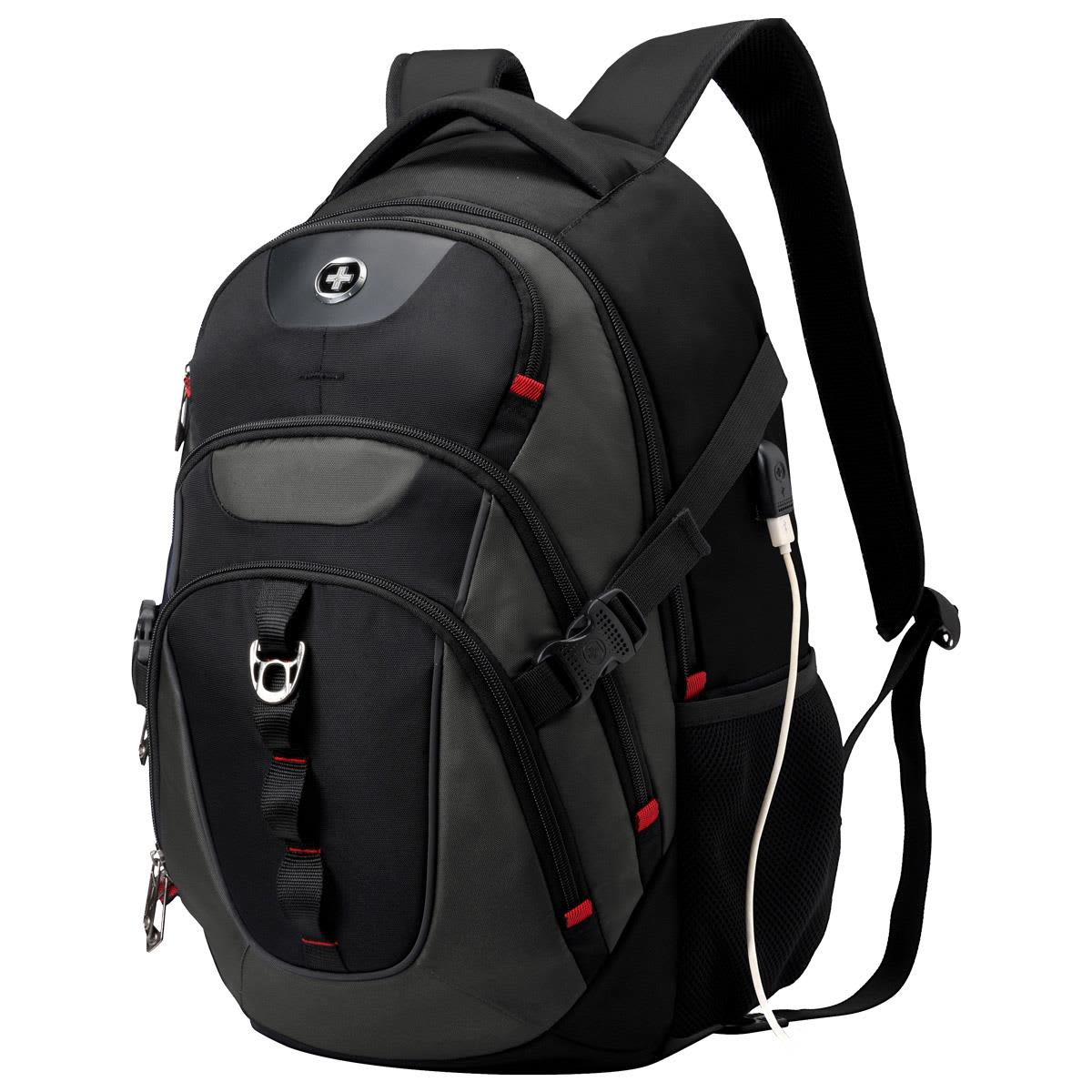 A black and grey backpack with red accents and a logo, featuring multiple compartments and a side pocket.