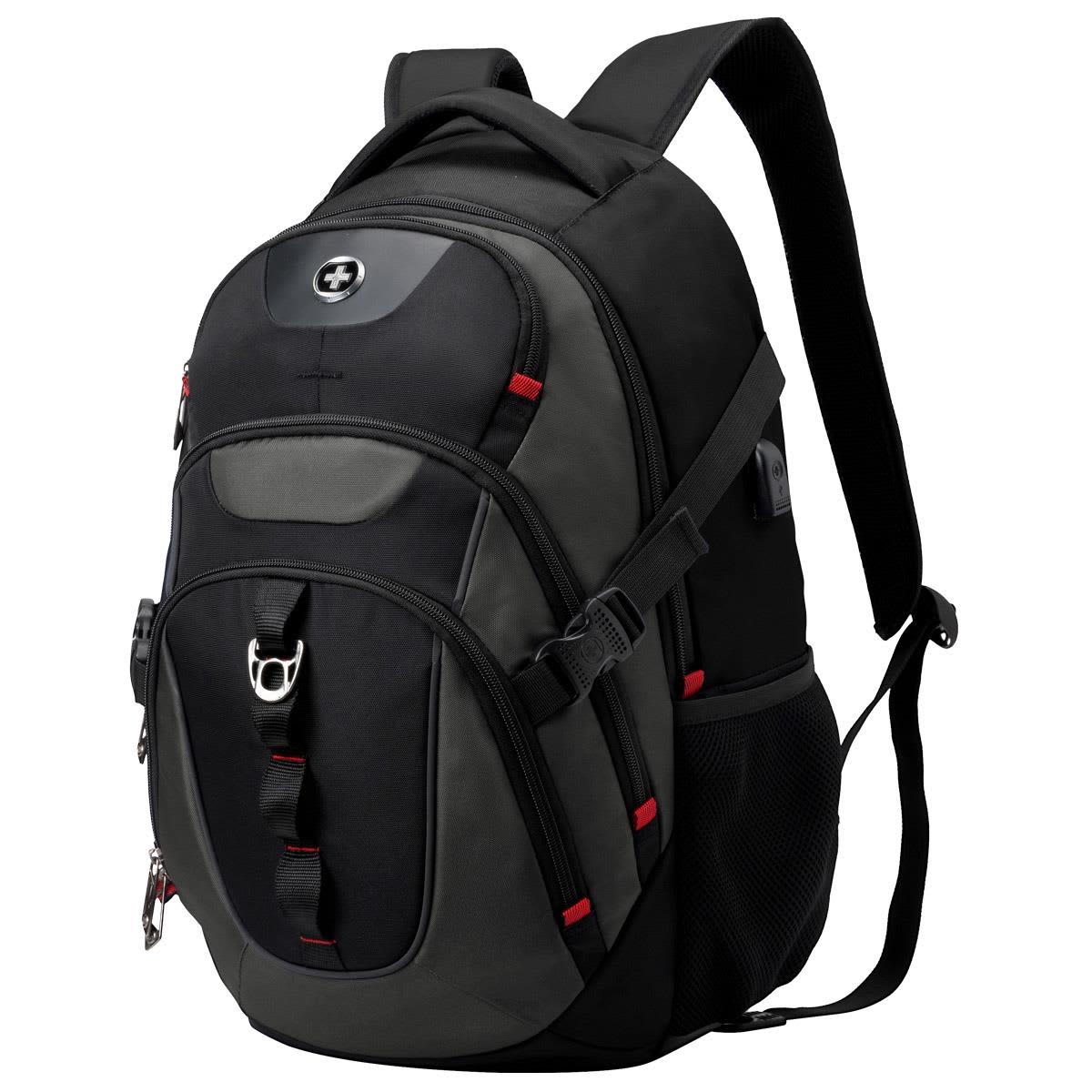 A black and grey Swissdigital Vector Backpack with red accents, featuring a logo on the front.